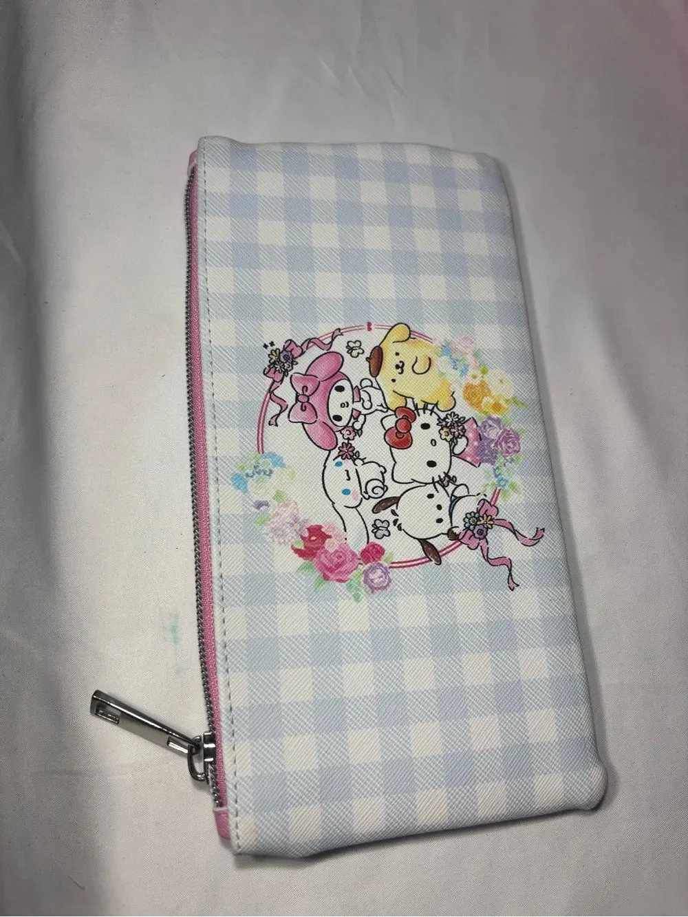 New Hello Kitty Sanrio Pastel Blue Gingham Zip Wallet with Characters